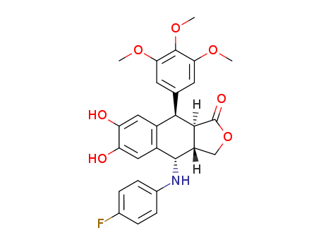 Molecular Structure of 138355-82-5 (Naphtho[2,3-c]furan-1(3H)-one,4-[(4-fluorophenyl)amino]-3a,4,9,9a-tetrahydro-6,7-dihydroxy-9-(3,4,5-trimethoxyphenyl)-,(3aS,4S,9R,9aR)-)