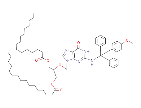 Molecular Structure of 88110-83-2 (Hexadecanoic acid 3-hexadecanoyloxy-2-(2-{[(4-methoxy-phenyl)-diphenyl-methyl]-amino}-6-oxo-1,6-dihydro-purin-9-ylmethoxy)-propyl ester)