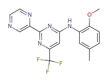 Molecular Structure of 438249-23-1 (4-(2-Methoxy-5-methylanilino)-2-(2-pyrazinyl)-6-trifluoromethylpyrimidine)