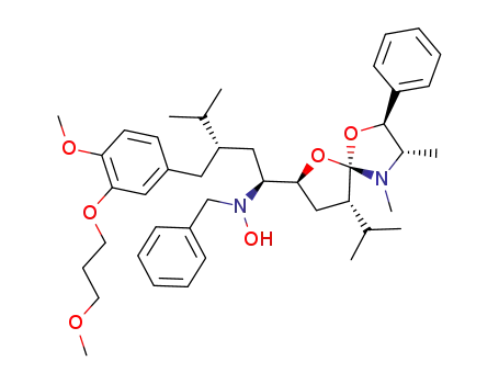 Molecular Structure of 361460-39-1 (N-Benzyl-N-{(1S,3S)-1-((2S,3S,5S,7S,9S)-9-isopropyl-3,4-dimethyl-2-phenyl-1,6-dioxa-4-aza-spiro[4.4]non-7-yl)-3-[4-methoxy-3-(3-methoxy-propoxy)-benzyl]-4-methyl-pentyl}-hydroxylamine)