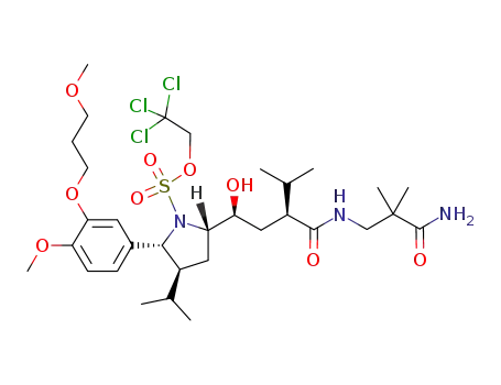 Molecular Structure of 1219468-79-7 ((2R,3S,5S)-2,2,2-trichloroethyl 5-((1S,3S)-3-(3-amino-2,2-dimethyl-3-oxopropylcarbamoyl)-1-hydroxy-4-methylpentyl)-3-isopropyl-2-(4-methoxy-3-(3-methoxypropoxy)phenyl)pyrrolidine-1-sulfonate)