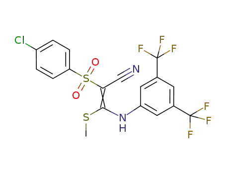 Molecular Structure of 268207-23-4 (2-Propenenitrile,
3-[[3,5-bis(trifluoromethyl)phenyl]amino]-2-[(4-chlorophenyl)sulfonyl]-3-(
methylthio)-)