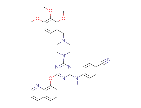 Molecular Structure of 1280727-89-0 (4-{4-[quinolin-8-yloxy]-6-[4-(2,3,4-trimethoxybenzyl)-piperazin-1-yl]-1,3,5-triazin-2-ylamino}-benzonitrile)