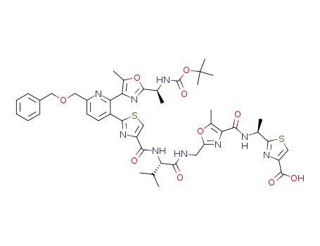Molecular Structure of 216481-09-3 (2-((S)-1-{[2-({(S)-2-[(2-{6-Benzyloxymethyl-2-[2-((S)-1-tert-butoxycarbonylamino-ethyl)-5-methyl-oxazol-4-yl]-pyridin-3-yl}-thiazole-4-carbonyl)-amino]-3-methyl-butyrylamino}-methyl)-5-methyl-oxazole-4-carbonyl]-amino}-ethyl)-thiazole-4-carboxylic acid)