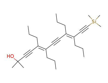 Molecular Structure of 500791-57-1 (5,9-Tridecadiene-3,7-diyn-2-ol,
2-methyl-5,6,9-tripropyl-10-[(trimethylsilyl)ethynyl]-, (5E,9E)-)