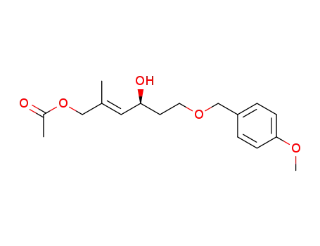 Molecular Structure of 208586-60-1 (Acetic acid (E)-(S)-4-hydroxy-6-(4-methoxy-benzyloxy)-2-methyl-hex-2-enyl ester)