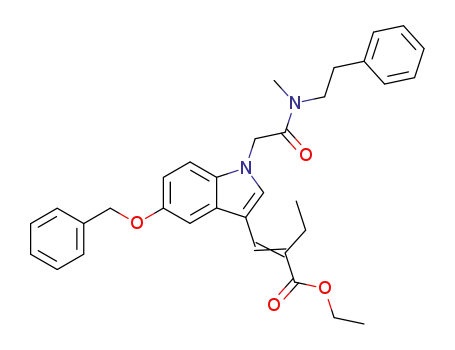 Molecular Structure of 141835-06-5 (Butanoic acid,
2-[[1-[2-[methyl(2-phenylethyl)amino]-2-oxoethyl]-5-(phenylmethoxy)-1H-
indol-3-yl]methylene]-, ethyl ester)