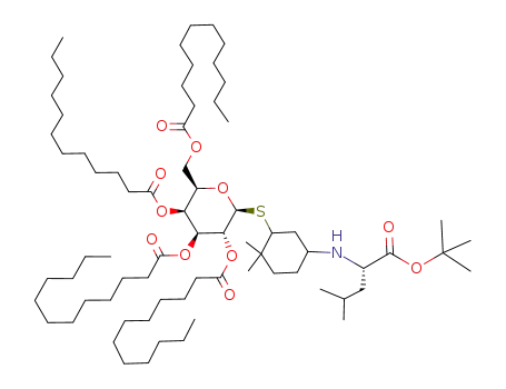 Molecular Structure of 215313-22-7 (Dodecanoic acid (2S,3R,4S,5S,6R)-2-[5-((S)-1-tert-butoxycarbonyl-3-methyl-butylamino)-2,2-dimethyl-cyclohexylsulfanyl]-4,5-bis-dodecanoyloxy-6-dodecanoyloxymethyl-tetrahydro-pyran-3-yl ester)