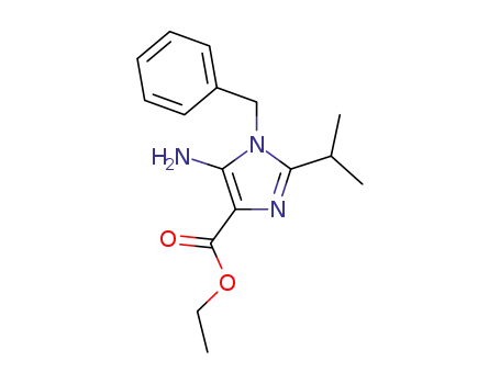 Molecular Structure of 395082-67-4 (1H-Imidazole-4-carboxylic acid,
5-amino-2-(1-methylethyl)-1-(phenylmethyl)-, ethyl ester)