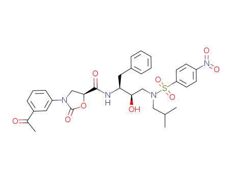 Molecular Structure of 919081-37-1 (3-(3-acetyl-phenyl)-2-oxo-oxazolidine-5-carboxylic acid {1-benzyl-2-hydroxy-3-[isobutyl-(4-nitro-benzenesulfonyl)-amino]-propyl}-amide)