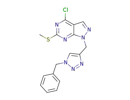 Molecular Structure of 1583284-79-0 (1-((1-benzyl-1H-1,2,3-triazol-4-yl)methyl)-4-chloro-6-(methylthio)-1H-pyrazolo[3,4-d]pyrimidine)