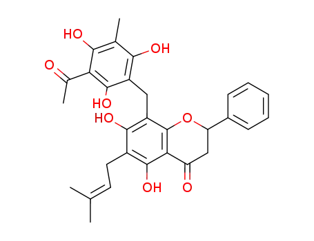 Molecular Structure of 116107-13-2 (4H-1-Benzopyran-4-one,8-[(3-acetyl-2,4,6-trihydroxy-5-methylphenyl)methyl]-2,3-dihydro-5,7-dihydroxy-6-(3-methyl-2-buten-1-yl)-2-phenyl-,(2S)-)