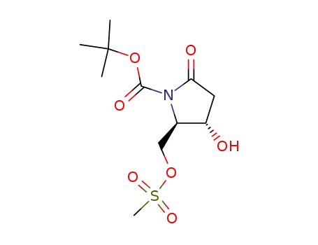 Molecular Structure of 366450-25-1 (1-Pyrrolidinecarboxylic acid,
3-hydroxy-2-[[(methylsulfonyl)oxy]methyl]-5-oxo-, 1,1-dimethylethyl ester,
(2R,3S)-)