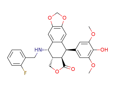 Molecular Structure of 136794-74-6 (Furo[3',4':6,7]naphtho[2,3-d]-1,3-dioxol-6(5aH)-one,9-[[(2-fluorophenyl)methyl]amino]-5,8,8a,9-tetrahydro-5-(4-hydroxy-3,5-dimethoxyphenyl)-,(5R,5aR,8aS,9S)-)