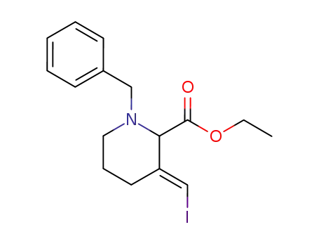Molecular Structure of 143427-54-7 (2-Piperidinecarboxylic acid, 3-(iodomethylene)-1-(phenylmethyl)-, ethyl
ester, (E)-)