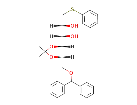 Molecular Structure of 128990-37-4 ((1S,2R)-1-((4R,5S)-5-Benzhydryloxymethyl-2,2-dimethyl-[1,3]dioxolan-4-yl)-3-phenylsulfanyl-propane-1,2-diol)