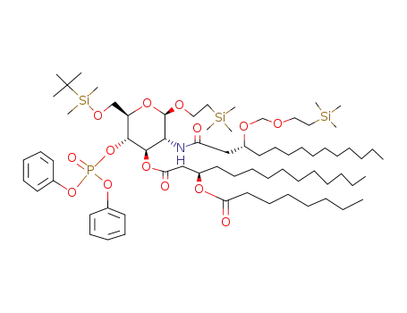 Molecular Structure of 125056-34-0 (2-(Trimethylsilyl)ethyl 6-O-tert-butyldimethylsilyl-2-deoxy-4-O-diphenoxyphosphinyl-3-O-<(3R)-3-octanoyloxytetradecanoyl>-2-<(3R)-3-<(2-trimethylsilylethoxy)methoxy>tetradecanamido>-β-D-glucopyranoside)