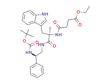 Molecular Structure of 146953-12-0 (ethyl <R-(R*,R*)>-4-<<2-<<2-<<(1,1-dimethylethoxy)carbonyl>amino>-2-phenylethyl>amino>-1-(1H-indol-3-ylmethyl)-1-methyl-2-oxoethyl>amino>-4-oxobutanoate)