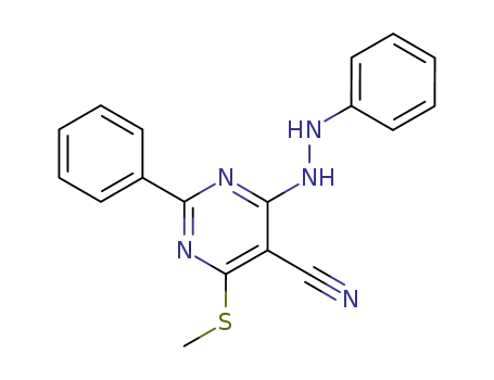 Molecular Structure of 880649-23-0 (5-Pyrimidinecarbonitrile, 4-(methylthio)-2-phenyl-6-(2-phenylhydrazino)-)