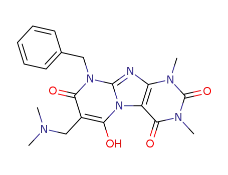 Molecular Structure of 102212-90-8 (Pyrimido[2,1-f]purine-2,4,8(1H,3H,9H)-trione,  7-[(dimethylamino)methylene]-6,7-dihydro-6-hydroxy-1,3-dimethyl-9-(phenylmethyl)-  (9CI))