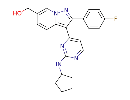 Molecular Structure of 468062-75-1 (Pyrazolo[1,5-a]pyridine-6-methanol,
3-[2-(cyclopentylamino)-4-pyrimidinyl]-2-(4-fluorophenyl)-)