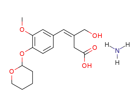 Molecular Structure of 137889-65-7 (3-Butenoic acid,
3-(hydroxymethyl)-4-[3-methoxy-4-[(tetrahydro-2H-pyran-2-yl)oxy]phenyl]
-, monoammonium salt, (E)-)