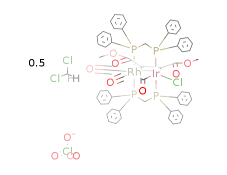 Molecular Structure of 100815-14-3 (IrCl(CO)Rh(CO)2(CH<sub>3</sub>CO<sub>2</sub>C<sub>2</sub>CO<sub>2</sub>CH<sub>3</sub>)(((C<sub>6</sub>H<sub>5</sub>)2P)2CH<sub>2</sub>)2<sup>(1+)</sup>*ClO<sub>4</sub><sup>(1-)</sup>*0.5CH<sub>2</sub>Cl<sub>2</sub>)