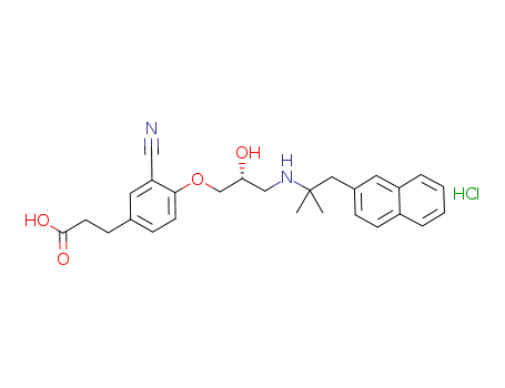 Benzenepropanoic acid, 3-cyano-4-[(2R)-3-[[1,1-dimethyl-2-(2-naphthalenyl)ethyl]amino]-2-hydroxypropoxy]-, hydrochloride (1:1)