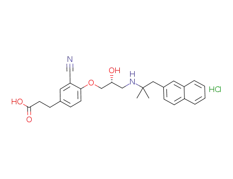 Molecular Structure of 1192845-63-8 (Benzenepropanoic acid, 3-cyano-4-[(2R)-3-[[1,1-diMethyl-2-(2-naphthalenyl)ethyl]aMino]-2-hydroxypropoxy]-, (Hydrochloride) (1:1))