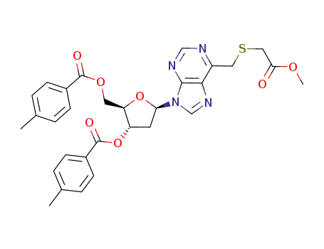 Molecular Structure of 1025504-52-2 (6-[(methoxycarbonylmethyl)sulfanylmethyl]-9-(2-deoxy-3,5-di-O-p-toluoyl-β-D-erythro-pentofuranosyl)purine)