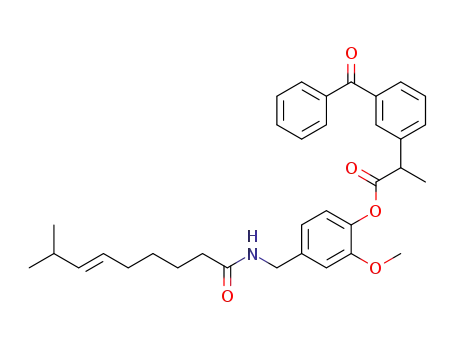 Molecular Structure of 1224428-97-0 (2-(3-benzoyl-phenyl)-propionic acid 2-methoxy-4-[(8-methylnon-6-enoylamino)-methyl]-phenyl ester)