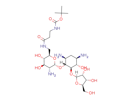 Molecular Structure of 693776-12-4 ([2-({(2R,3S,4R,5R,6R)-5-Amino-6-[(1R,2R,3S,4R,6S)-4,6-diamino-2-((2S,3R,4S,5R)-3,4-dihydroxy-5-hydroxymethyl-tetrahydro-furan-2-yloxy)-3-hydroxy-cyclohexyloxy]-3,4-dihydroxy-tetrahydro-pyran-2-ylmethyl}-carbamoyl)-ethyl]-carbamic acid tert-butyl ester)