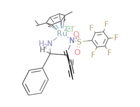 Molecular Structure of 1026995-71-0 (Chloro{[(1R,2R)-(-)-2-amino-1,2-diphenylethyl](pentafluorophenylsulfonyl)amido}(p-cymene)ruthenium(II), min. 90% RuCl[(R,R)-Fsdpen](p-cymene))