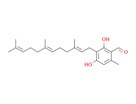 Molecular Structure of 22581-07-3 (2,4-Dihydroxy-6-methyl-3-[(2E,6E)-3,7,11-trimethyl-2,6,10-dodecatrienyl]benzaldehyde)