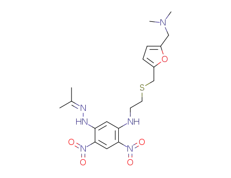 Molecular Structure of 142744-26-1 (N-{2-[({5-[(dimethylamino)methyl]furan-2-yl}methyl)sulfanyl]ethyl}-5-[2-(1-methylethylidene)hydrazino]-2,4-dinitroaniline)
