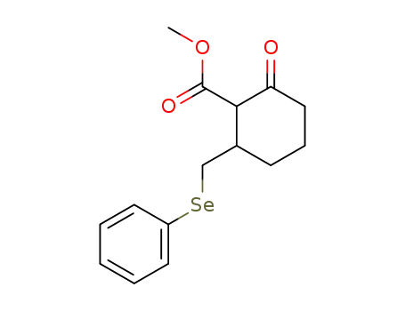Molecular Structure of 79636-88-7 (Cyclohexanecarboxylic acid, 2-oxo-6-[(phenylseleno)methyl]-, methyl
ester)