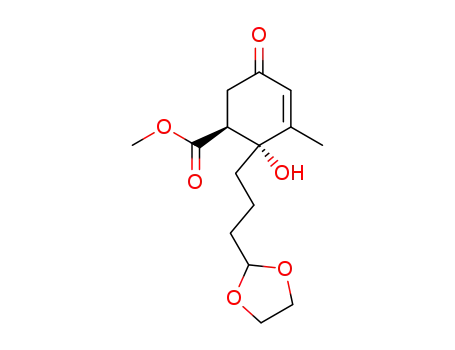 Molecular Structure of 90122-94-4 (3-Cyclohexene-1-carboxylic acid,
2-[3-(1,3-dioxolan-2-yl)propyl]-2-hydroxy-3-methyl-5-oxo-, methyl ester,
trans-)