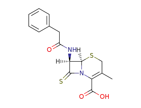 Molecular Structure of 57630-41-8 (5-Thia-1-azabicyclo[4.2.0]oct-2-ene-2-carboxylic acid,
3-methyl-7-[(phenylacetyl)amino]-8-thioxo-, (6R,7S)-)