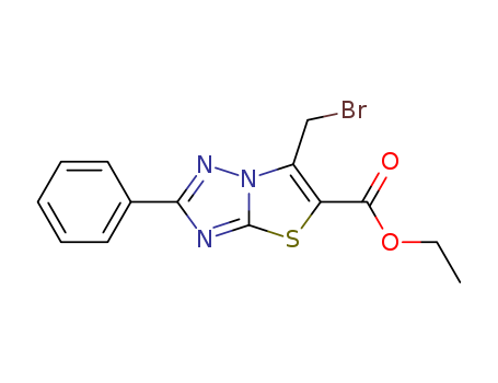 Molecular Structure of 132719-44-9 (Thiazolo[3,2-b][1,2,4]triazole-5-carboxylic acid,
6-(bromomethyl)-2-phenyl-, ethyl ester)