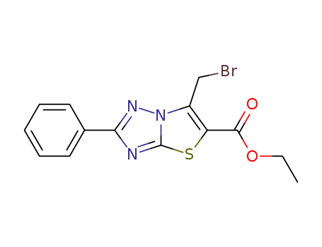 Molecular Structure of 132719-44-9 (Thiazolo[3,2-b][1,2,4]triazole-5-carboxylic acid,
6-(bromomethyl)-2-phenyl-, ethyl ester)