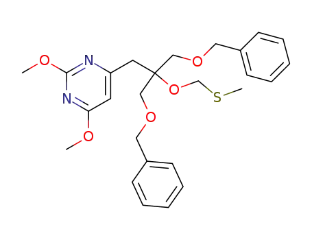Molecular Structure of 139871-39-9 (Pyrimidine,
2,4-dimethoxy-6-[2-[(methylthio)methoxy]-3-(phenylmethoxy)-2-[(phenyl
methoxy)methyl]propyl]-)