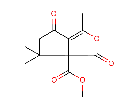 Molecular Structure of 138972-36-8 (1H-Cyclopenta[c]furan-6a(4H)-carboxylic acid,
5,6-dihydro-3,6,6-trimethyl-1,4-dioxo-, methyl ester)