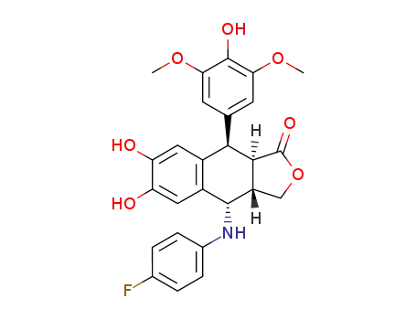 Molecular Structure of 138355-88-1 ((3aS,4S,9R,9aR)-4-[(4-fluorophenyl)amino]-6,7-dihydroxy-9-(4-hydroxy-3,5-dimethoxy-phenyl)-3a,4,9,9a-tetrahydro-3H-benzo[f]isobenzofuran-1-one)