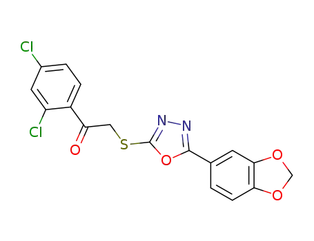 Molecular Structure of 146942-90-7 (2-(5-Benzo[1,3]dioxol-5-yl-[1,3,4]oxadiazol-2-ylsulfanyl)-1-(2,4-dichloro-phenyl)-ethanone)