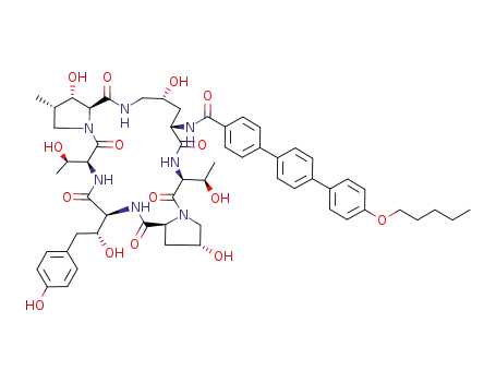 Molecular Structure of 179118-65-1 (4''-pentyloxy-[1,1';4',1'']terphenyl-4-carboxylic acid {11,20,25-trihydroxy-3,15-bis-(1-hydroxy-ethyl)-6-[1-hydroxy-2-(4-hydroxy-phenyl)-ethyl]-26-methyl-2,5,8,14,17,23-hexaoxo-1,4,7,13,16,22-hexaaza-tricyclo[22.3.0.0<sup>9,13</sup>]heptacos-18-yl}-amide)