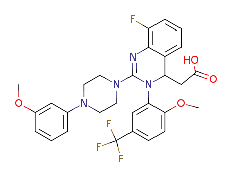 Molecular Structure of 791116-51-3 (4-Quinazolineacetic acid, 8-fluoro-3,4-dihydro-2-[4-(3-methoxyphenyl)-1-piperazinyl]-3-[2-methoxy-5-(trifluoromethyl)phenyl]-)