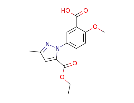 Molecular Structure of 637318-31-1 (5-(5-(ETHOXYCARBONYL)-3-METHYL-1H-PYRAZOL-1-YL)-2-METHOXYBENZOIC ACID)