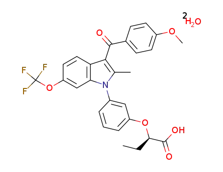 Molecular Structure of 910378-55-1 (Butanoic acid, 2-[3-[3-(4-methoxybenzoyl)-2-methyl-6-(trifluoromethoxy)-1H-indol-1-yl]phenoxy]-, hydrate (1:2), (2R)-)