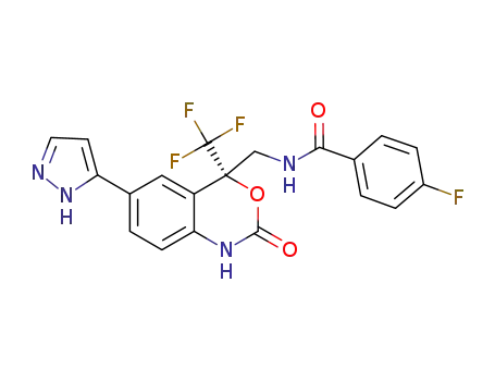 Molecular Structure of 1141877-98-6 (Benzamide, N-[[(4S)-1,4-dihydro-2-oxo-6-(1H-pyrazol-3-yl)-4-(trifluoromethyl)-2H-3,1-benzoxazin-4-yl]methyl]-4-fluoro-)