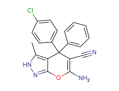 Molecular Structure of 1235990-69-8 (6-amino-4-(4-chorophenyl)-2,4-dihydro-3-methyl-4-phenylpyrano[2,3-c]pyrazole-5-carbonitrile)